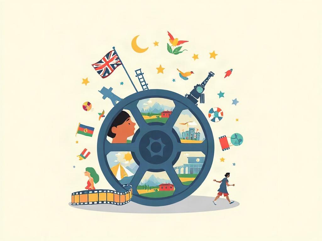 An artistic representation of a film reel with scenes from various genres, such as drama, documentary, and animation, flowing out of it. The film reel is surrounded by vibrant colors and cultural symbols, highlighting diversity in cinema. The background is soft and clean, enhancing the focus on the film reel.