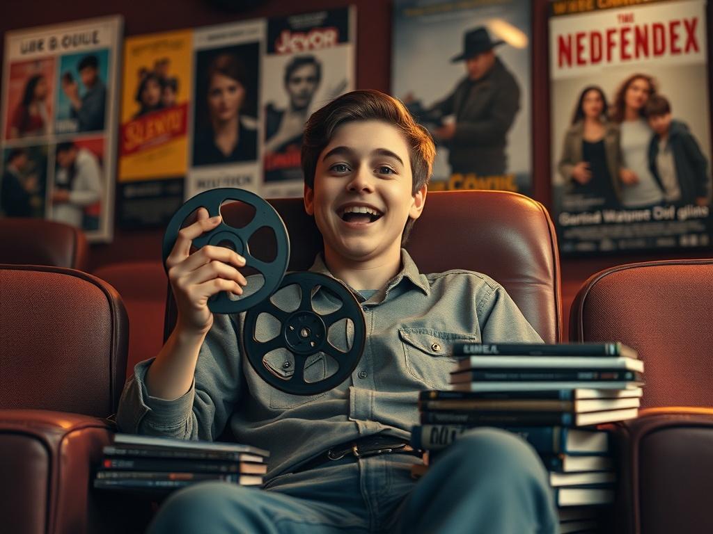 **AI Image Generation Prompt:**

Create a highly detailed, realistic high-resolution photo that encapsulates the essence of the blog titled "Exploring Independent Cinema." The image should feature a single subject: a passionate film enthusiast, a young adult with an excited expression, sitting comfortably in a vintage cinema chair. They are holding a classic film reel in one hand, while the other rests on a stack of independent film DVDs beside them. 

The background should showcase a softly lit, intimate c