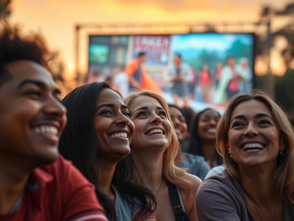 A close-up shot of a diverse group of people enjoying a film screening outdoors. The focus is on their expressions of joy and engagement, set against a backdrop of a large screen displaying a vibrant movie scene. The lighting captures the warmth of the evening, with a hint of sunset in the background. The composition is simple and clear, emphasizing the connection and shared experience among the audience.