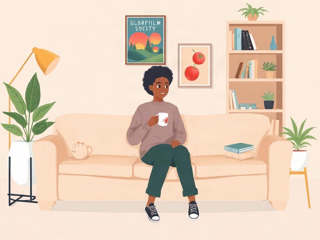 Create a high-quality illustration reflecting the theme "Chat n' Chill." The composition should be simple and clear, featuring a single subject: a cozy, inviting living room scene designed for relaxed conversation. 

The central figure is an individual seated on a plush, pastel-colored sofa, lost in thought and enjoying a cup of coffee. The person is depicted with a warm smile, embodying the essence of friendly dialogue and comfort. Their clothing should reflect a casual, stylish atmosphere, using soft hues