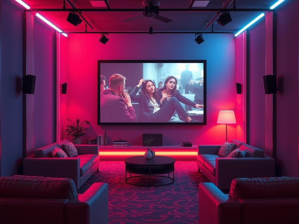 A high-resolution image featuring a modern setup for an independent cinema showcase. The setting includes a large screen displaying an indie film, surrounded by comfortable seating and ambient lighting. The atmosphere is vibrant, reflecting the creativity of independent filmmaking.