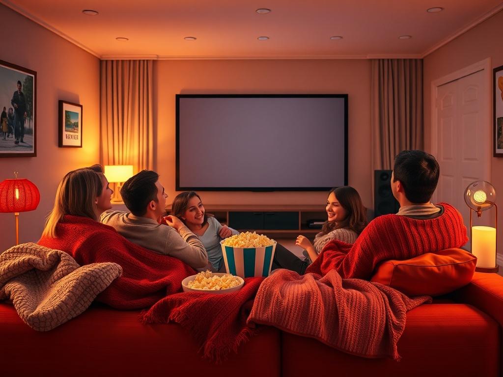 A high-resolution image depicting a cozy family movie night setup. A group of family members is comfortably seated on a couch with blankets and popcorn, watching a movie on a large screen. The room is warmly lit, creating an inviting atmosphere filled with laughter and joy.