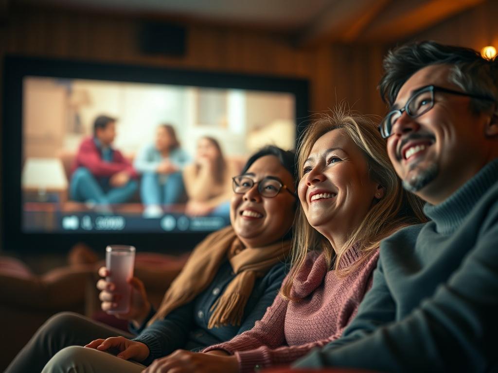 A hyper-realistic close-up shot of a family enjoying a film screening together in a cozy theater setting. The focus is on their expressions of joy and engagement, with soft lighting illuminating their faces. The background features a vintage movie screen displaying a classic film, creating a warm and inviting atmosphere. The image should evoke a sense of community and love for cinema, captured with a 45mm f/1.2 lens.