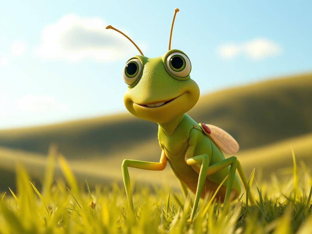 **AI Image Generation Prompt:**

Create a realistic high-resolution photo featuring a charmingly detailed animated film character from Pixar’s imagined film “Hoppers.” The character should be a cheerful, anthropomorphic grasshopper with vibrant green and yellow hues, showcasing expressive, large eyes and a friendly smile to convey the joy of storytelling. The character should be positioned against a simple, warm-toned background that suggests a bright, sunny day in a lush meadow, filled with gentle hills an