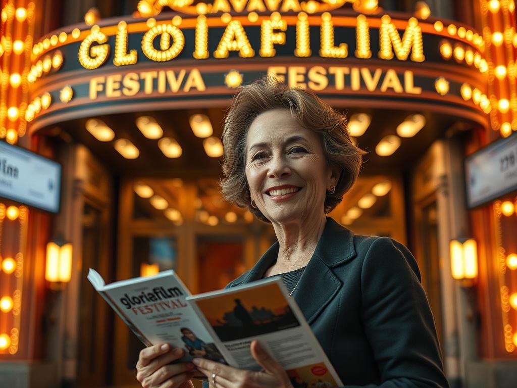 Create a highly detailed and realistic high-resolution photo featuring a single, enthusiastic film enthusiast standing in front of an elegant cinema entrance. The subject should be a middle-aged woman with a warm smile, holding a film festival program and wearing stylish attire suitable for a festive occasion. The background should showcase the cinema's marquee, beautifully illuminated with lights, subtly hinting at the Gloriafilm Festival without any text. 

The composition should focus on the subject in t