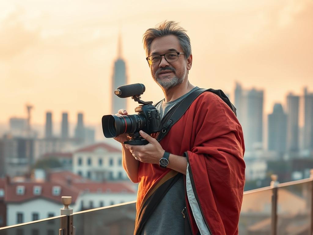 Create a realistic high-resolution photograph that elegantly reflects the theme "Celebrating Diversity Through Film." The composition should feature a single, passionate filmmaker standing proudly in a beautiful urban setting, symbolizing the power of cinema to bring diverse cultures together. 

The subject should be a middle-aged individual, showcasing a mix of cultural attire that combines elements from various traditions, emphasizing the rich tapestry of global cinema. The filmmaker should hold a film ca