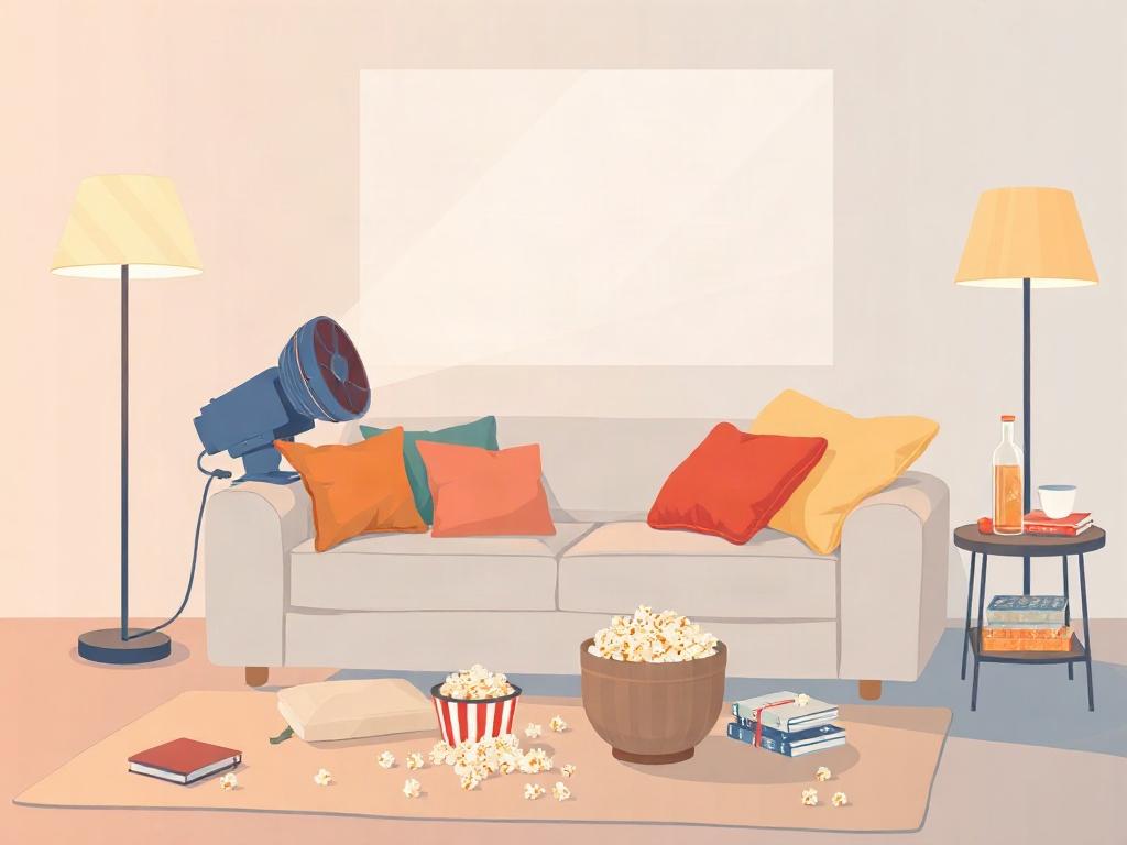 Create a high-quality illustration for a blog titled "Movie Nite." The composition should be simple and clear, featuring a single subject: a cozy living room setup designed for an intimate movie night. The focal point of the image should be a large, inviting plush sofa with an assortment of colorful cushions, positioned directly facing a vintage projector that casts a classic film onto a blank wall. 

In the background, add soft, warm lighting from a stylish floor lamp, creating a welcoming atmosphere. Incl