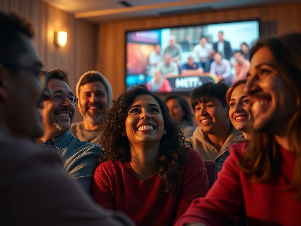 A hyper-realistic close-up shot of a diverse group of people gathered in a cozy film screening room, engaged in watching a movie. The scene reflects warmth and community, with soft ambient lighting. Focus on their expressions of joy and excitement, capturing the essence of shared experiences. The background should feature a large screen showing colorful film visuals, creating an inviting atmosphere. Shot with a 45mm f/1.2 lens to enhance depth of field and detail.
