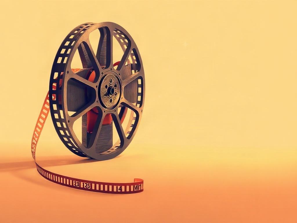 **Prompt for AI Image Generation:**

Create a high-quality illustration that captures the essence of independent cinema for a blog titled "Exploring the World of Independent Cinema." The image should focus on a solitary film reel, elegantly resting on a smooth, minimalist surface. 

**Composition:**
- Center the film reel in the middle of the frame, allowing its intricate details to stand out prominently. 
- Use a soft, pastel color palette with shades of warm oranges and soft browns, in harmony with RGB (2
