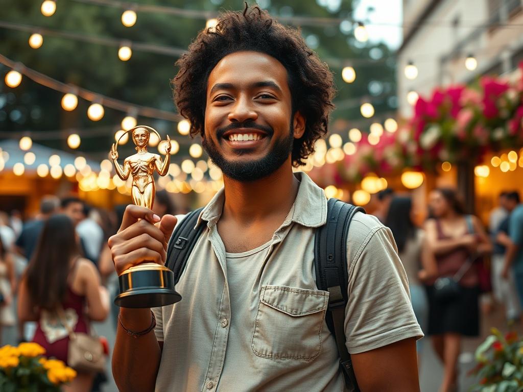 **Prompt for AI Image Generation:**

Create a realistic high-resolution photo that captures the essence of an exciting film festival. The composition should be simple and clear, featuring a single subject: an enthusiastic filmmaker holding an award trophy, symbolizing achievement in cinema. The filmmaker, a diverse individual in stylish yet casual attire, should exude joy and pride, with a warm smile showcasing their excitement for being recognized at the festival.

In the background, depict a vibrant film 