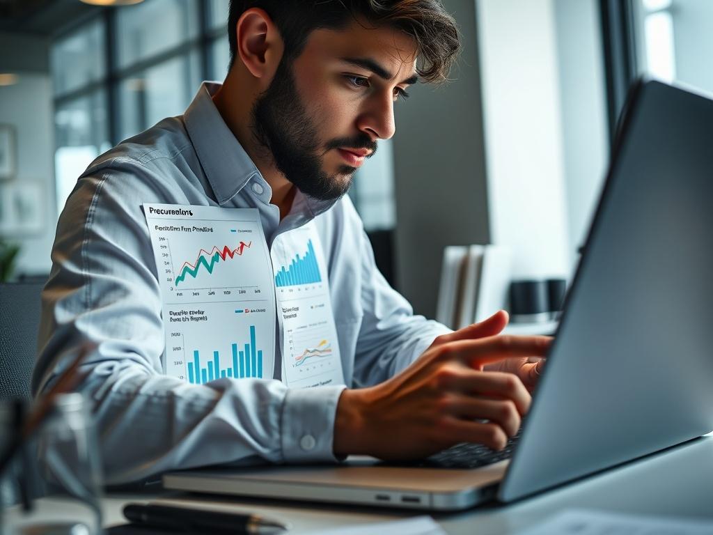 A close up shot of a procurement analyst reviewing data