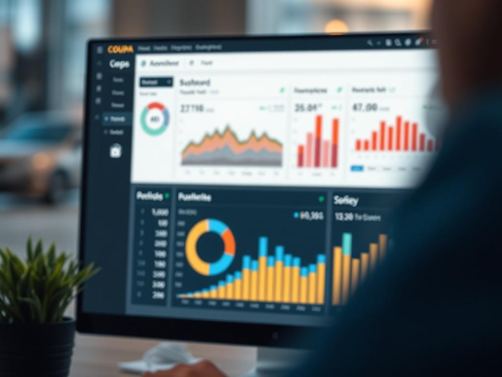 Create a hyper-realistic close-up shot of a modern software interface displaying the Coupa Integration Suite dashboard. The interface should have a clear layout with graphs and data visualizations, showcasing procurement efficiency. The background should be softly blurred to highlight the screen's details, with warm tones in the RGB palette of rgb(243, 153, 62). The image should evoke a sense of modern technology and business efficiency.