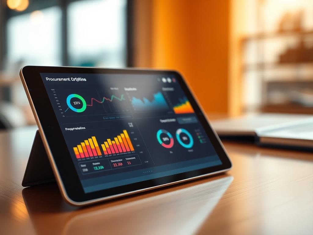 Produce a hyper-realistic close-up shot of a vibrant, modern procurement optimization dashboard on a sleek tablet. The dashboard should display colorful graphs and charts representing procurement data analytics. The background should be subtly blurred to draw attention to the tablet, using warm hues that match the RGB color rgb(243, 153, 62). The image should evoke a sense of clarity and efficiency in business management.