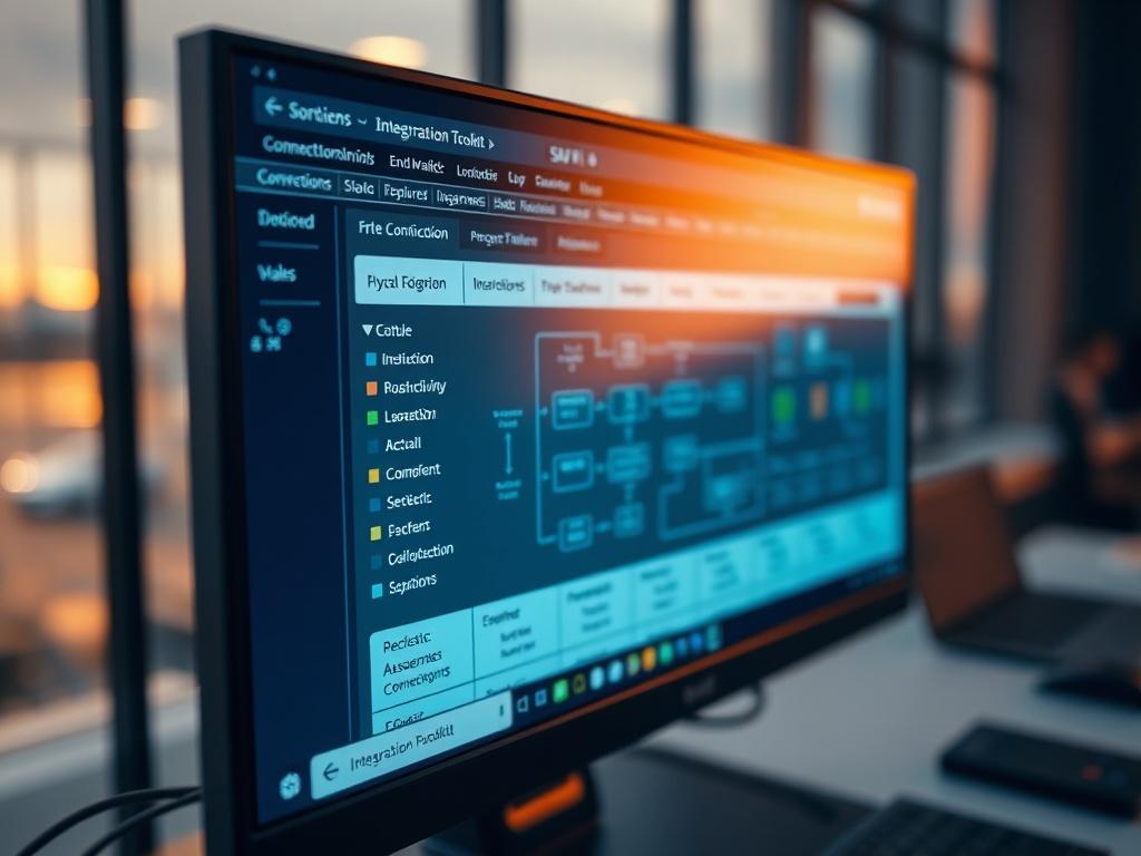 Generate a hyper-realistic close-up image of a sleek, modern computer screen displaying the SAP Integration Toolkit interface. The interface should include various connection options and data flow diagrams. The background should be softly blurred to emphasize the detailed screen, with warm tones that reflect the RGB color rgb(243, 153, 62). The image should convey innovation and technological advancement.