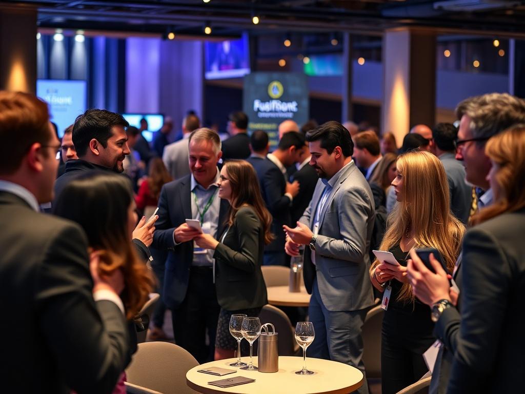 A vibrant networking event scene with diverse professionals mingling and exchanging business cards. The background features a stylish venue with ambient lighting and small round tables where groups are conversing. The focus is on the lively interactions and networking activities taking place.