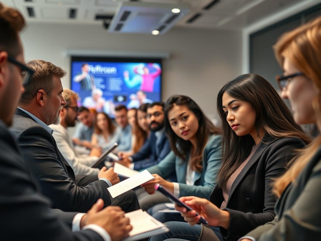 A close-up shot of a diverse group of professionals engaged in a workshop, taking notes and discussing. The setting is modern and well-lit, showcasing a presentation screen in the background with vibrant visuals. The focus is on the participants' expressions of concentration and enthusiasm, creating an inviting atmosphere.