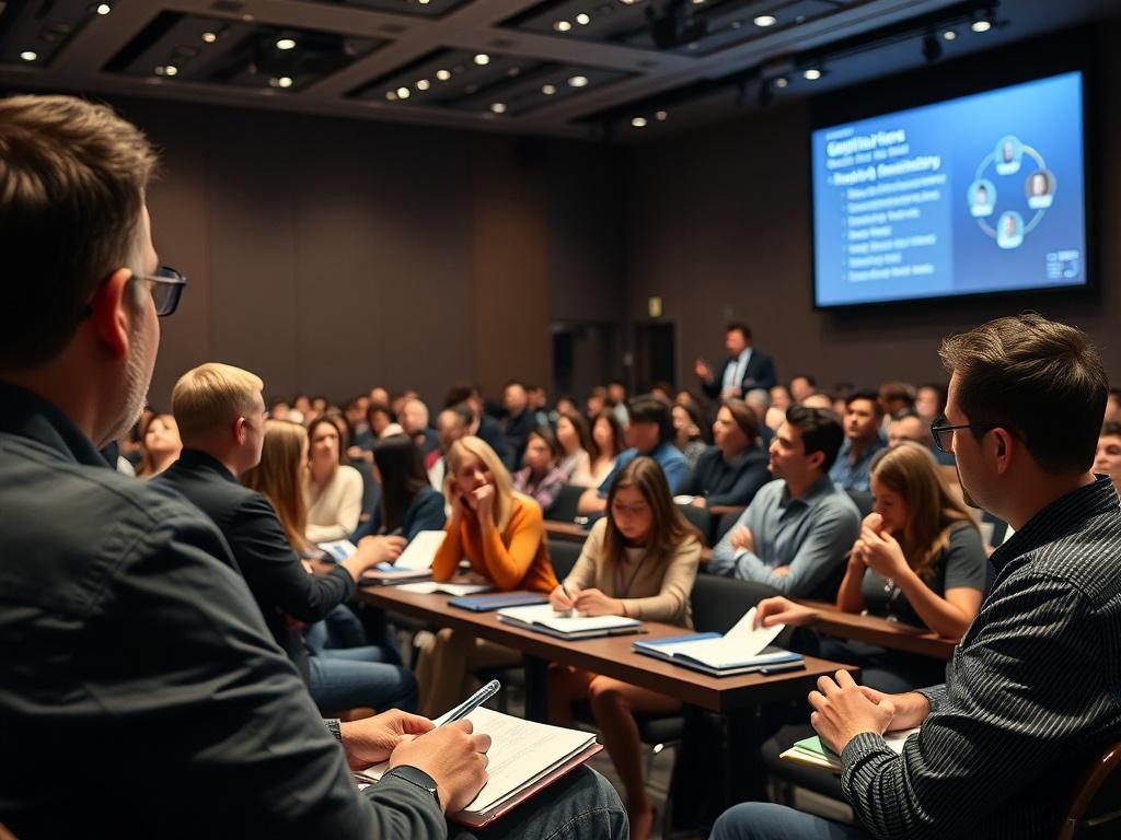 A dynamic seminar setting with a speaker presenting to an engaged audience. The room is filled with attentive participants taking notes, with a large screen displaying key points. The atmosphere is professional and energetic, emphasizing the importance of learning and sharing knowledge.