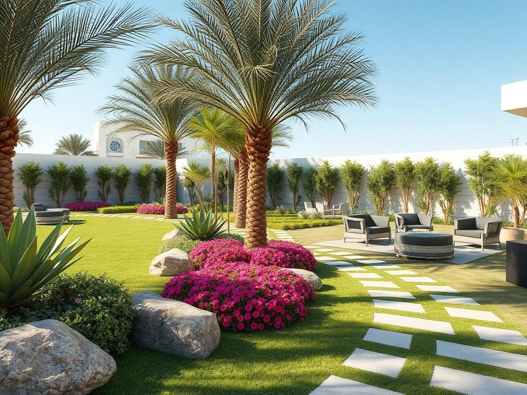 A modern landscaping execution project in the Gulf Cooperation Council (GCC) region, featuring lush greenery, decorative stones, and elegant pathways. The scene captures a beautifully designed garden with palm trees, vibrant flowers, and contemporary outdoor furniture. The composition is simple and clear, focusing on the harmonious blend of nature and modern design elements. The background includes a clear blue sky, highlighting the sunny climate typical of the region. The image should be rendered in hyper-