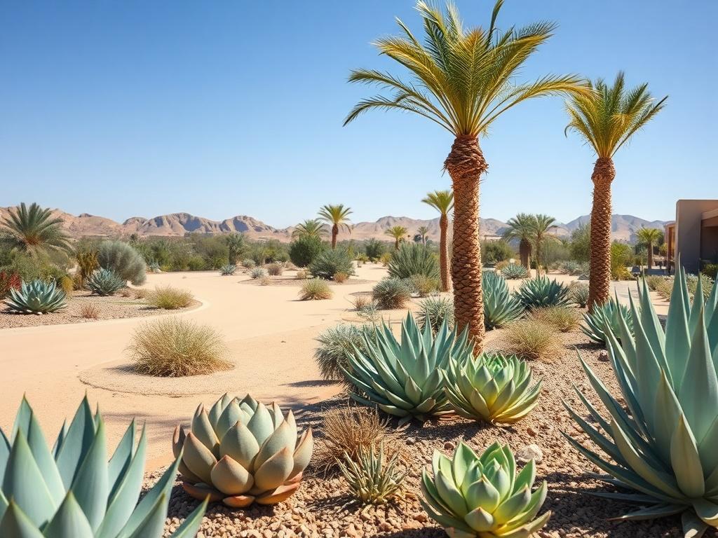 A realistic high-resolution photo of a beautifully designed desert landscaping project in the Gulf region. The image should feature a close-up shot of a well-maintained, drought-resistant garden with native plants like succulents and palm trees. The background should showcase a serene desert landscape under a clear blue sky, emphasizing the harmony between the landscape and the arid environment. The colors should be vibrant, with shades of green from the plants contrasting against the sandy desert tones.