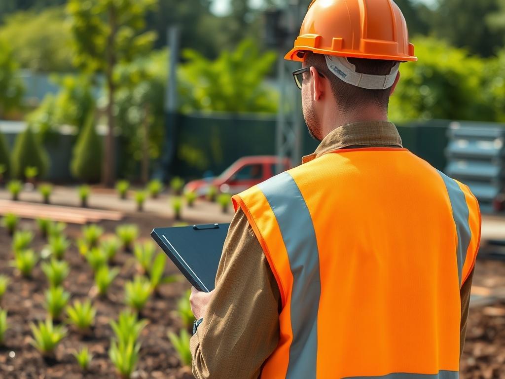 A quality and safety engineer inspecting a landscaping project on-site, viewed from the back. The engineer is wearing a safety helmet and reflective vest, holding a clipboard while observing the work being done. The background features lush greenery and infrastructure elements, indicating a landscaping project in progress. The composition is clear and focuses on the engineer, capturing the essence of quality and safety oversight without showing any faces.