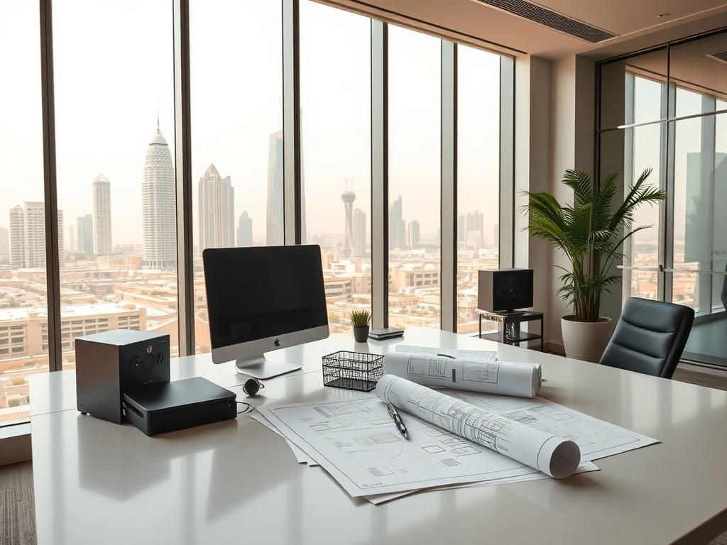 A realistic high-resolution photo of a modern office space in Riyadh, Saudi Arabia. The image should feature a clean and professional workspace with a large window showing a glimpse of the Riyadh skyline. There should be a desk with modern equipment, a computer, and architectural plans spread out. The background should subtly reflect the architectural style of Riyadh, with warm colors and natural light. The composition should be simple, focusing on the office setting, with no people in the frame.