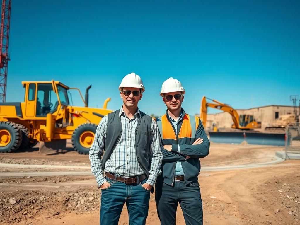 A wide-angle shot of two engineers standing confidently in front of an open construction site. The site features graders and excavators actively working. The engineers are dressed in professional attire, wearing safety helmets, but their faces are not visible. The focus is on the construction machinery and the ongoing work, set against a clear blue sky and the bustling activity of the site.