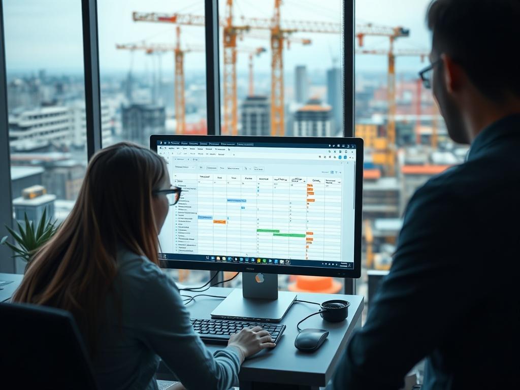 A realistic high-resolution photo featuring a desktop screen displaying a project tracking sheet. In the foreground, a lady and a guy are sitting next to each other, both focused on the screen, but their faces are not visible. The background showcases a large window revealing a bustling construction landscape site, filled with cranes and workers, conveying an active project environment.