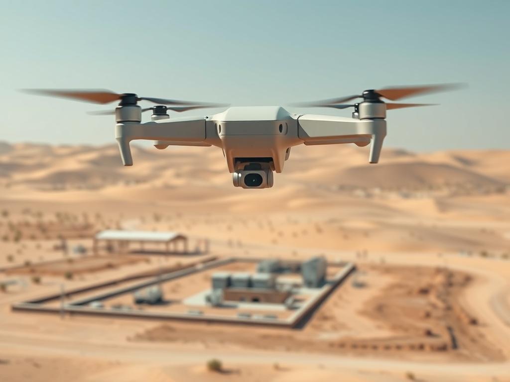 A realistic high-resolution photo of a drone flying over a desert landscaping project under construction in a Gulf Cooperation Council (GCC) country, showcasing a vast sandy landscape with sparse vegetation and modern landscaping techniques in progress. The drone should be prominently displayed in the sky above the construction site, capturing the action below. The background should feature distant sand dunes and a clear blue sky, emphasizing the arid environment of the region.