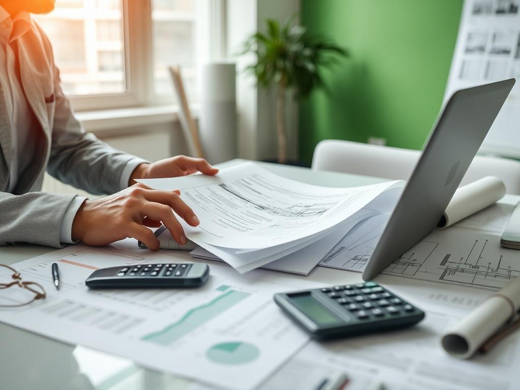 A close-up shot of a professional consultant reviewing tender documents with a laptop open on a modern desk, surrounded by construction plans and a calculator. The setting is bright and organized, reflecting a focused work environment. The primary color theme is green, creating a calming atmosphere. The image is shot with a 45mm f/1.2 lens, highlighting the details of the documents and tools.