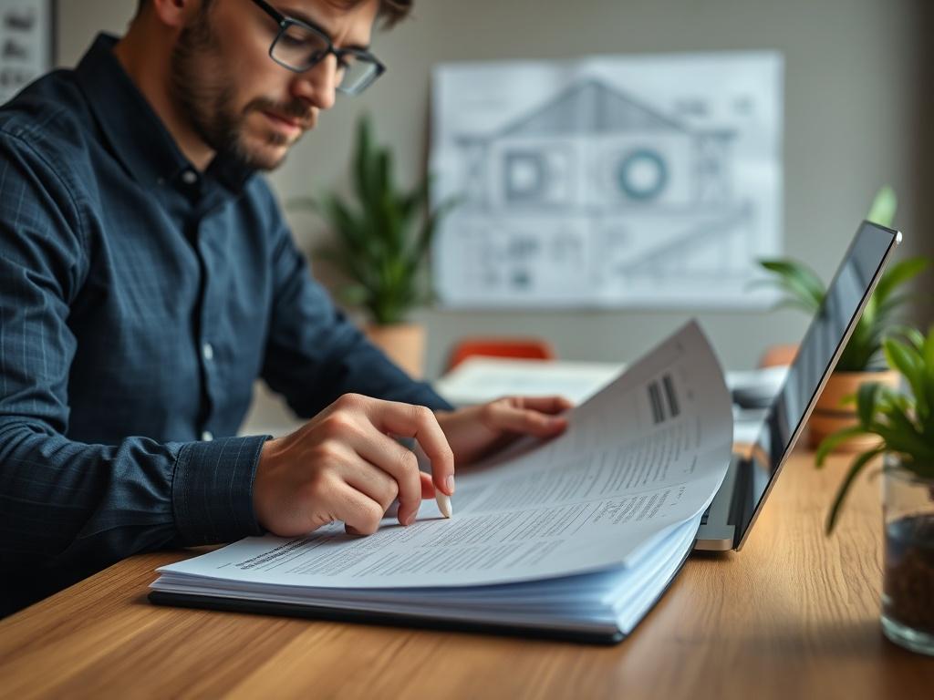 A close-up shot of a project manager reviewing project close-out documents at a desk. The background features a neat workspace with a laptop, project plans, and a plant for a touch of greenery. The lighting is bright and inviting, emphasizing the focus on the documents being reviewed. The image should capture the essence of professionalism and efficiency in project management.