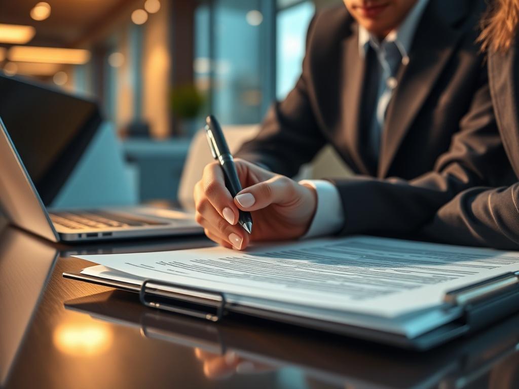 A close up shot of a professional reviewing a contract