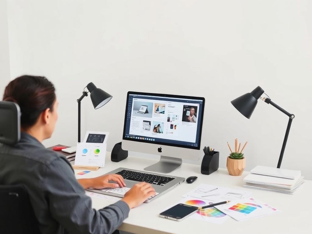 A freelance UX UI designer in a modern workspace, focused