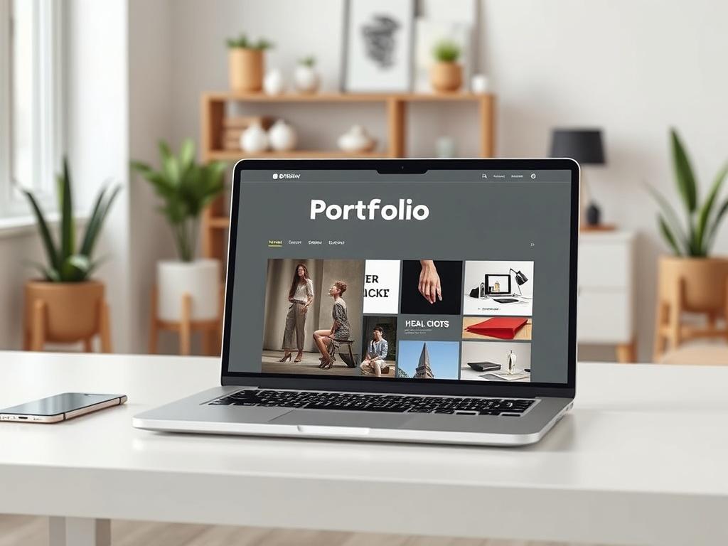 An elegant portfolio displayed on a sleek laptop, featuring high