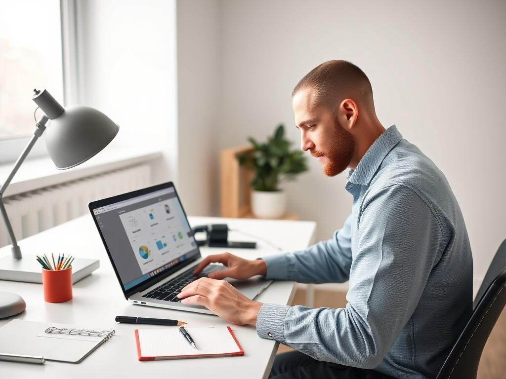 A professional UX designer sitting at a minimalist workspace, reviewing