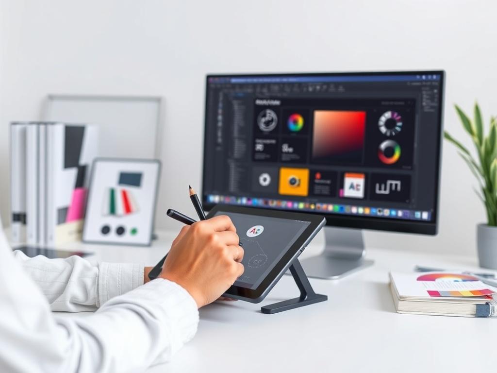 A designer sketching UI elements on a digital tablet, surrounded