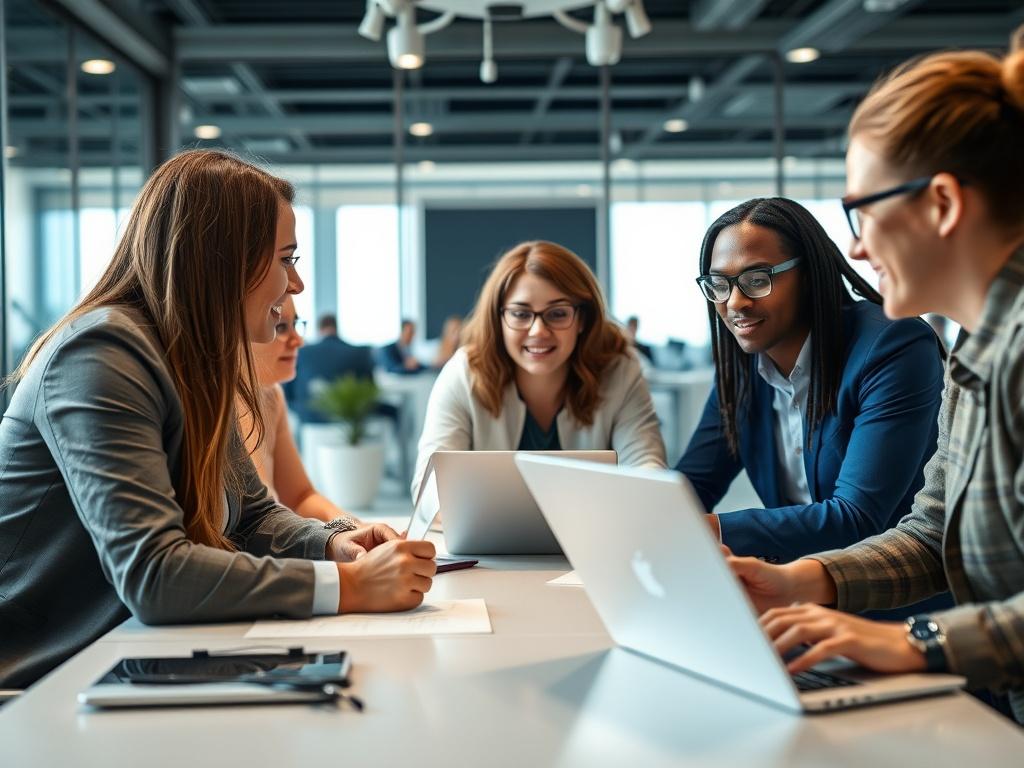 An engaging close-up image of a diverse group of IT professionals collaborating around a conference table, discussing a project. The setting should convey teamwork and innovation, with laptops and digital devices in use. The background should be a modern office space, and the lighting should be bright and energizing. This image should capture the essence of collaboration and expertise, shot with a 45mm f/1.2 lens.