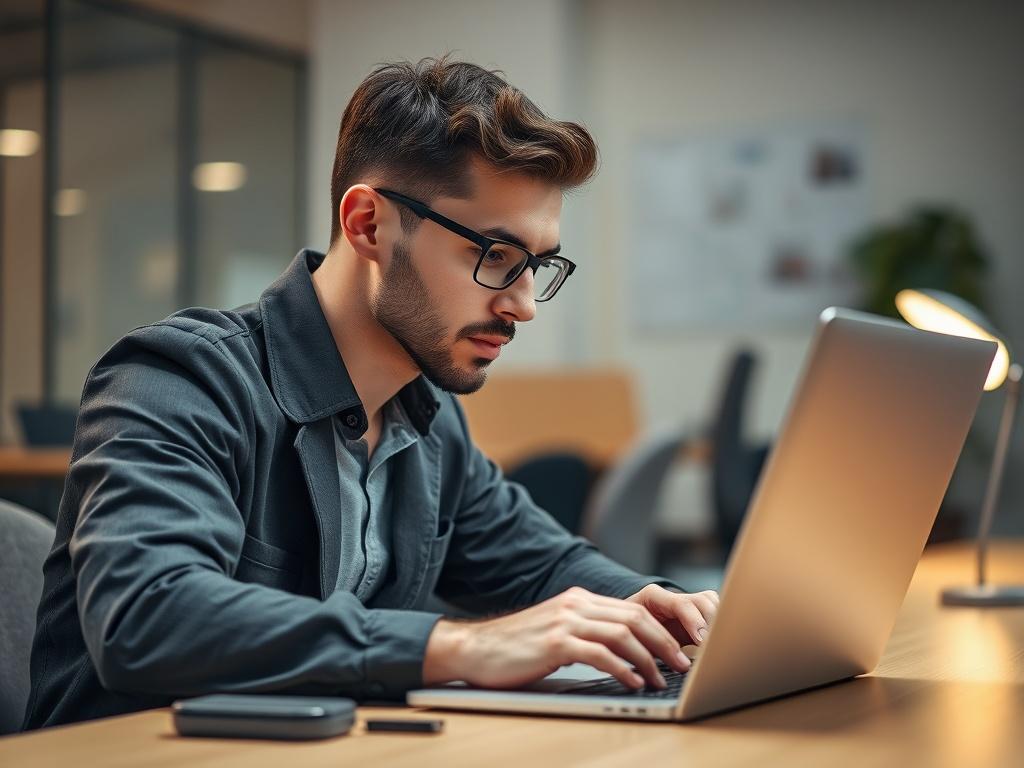 A focused close-up shot of a professional IT technician working on a laptop, showcasing their concentration and expertise. The background should be a simple office environment with a clear desk, and the lighting should be warm and inviting. The technician should be wearing a smart-casual outfit, and the image should evoke a sense of reliability and professionalism, shot with a 45mm f/1.2 lens.