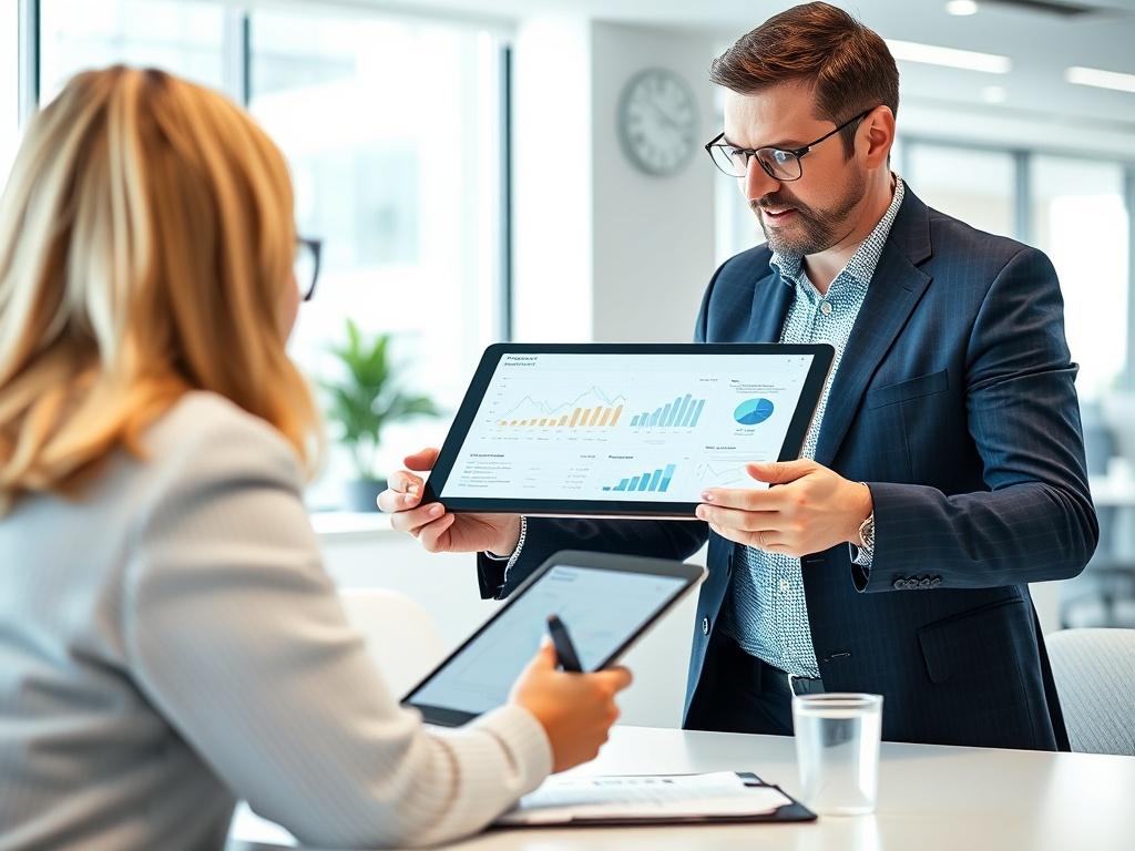 A close-up shot of a consultant presenting a digital strategy on a tablet to a client in a bright, modern office setting. The image should capture the consultant's enthusiasm and professionalism, with a focus on the tablet's screen displaying graphs and data. The background should be minimalistic, allowing the viewer to focus on the interaction. Shot with a 45mm f/1.2 lens.