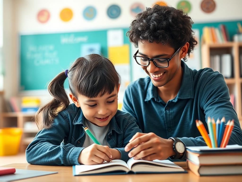 A close up shot of a volunteer assisting a child