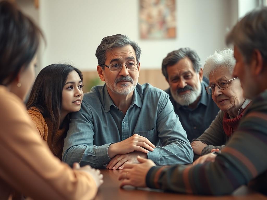 Create a hyper-realistic, high-resolution photo of a thoughtful social worker sitting at a table, engaged in open discussion with a diverse group of individuals from various backgrounds. The scene should be warm and inviting, emphasizing a sense of community and collaboration. 

Composition: Place the social worker at the center of the frame, showing their expression of empathy and understanding. Focus on their facial features to capture the emotion of the moment. Surround them with a small group of communi