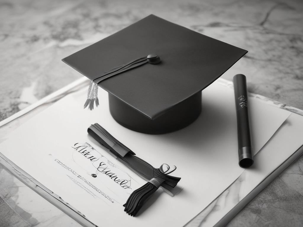 A close-up shot of a graduation cap and diploma on a marble table, with glossy black and white textures in the background, hyper-realistic, 45mm f/1.2 lens style.