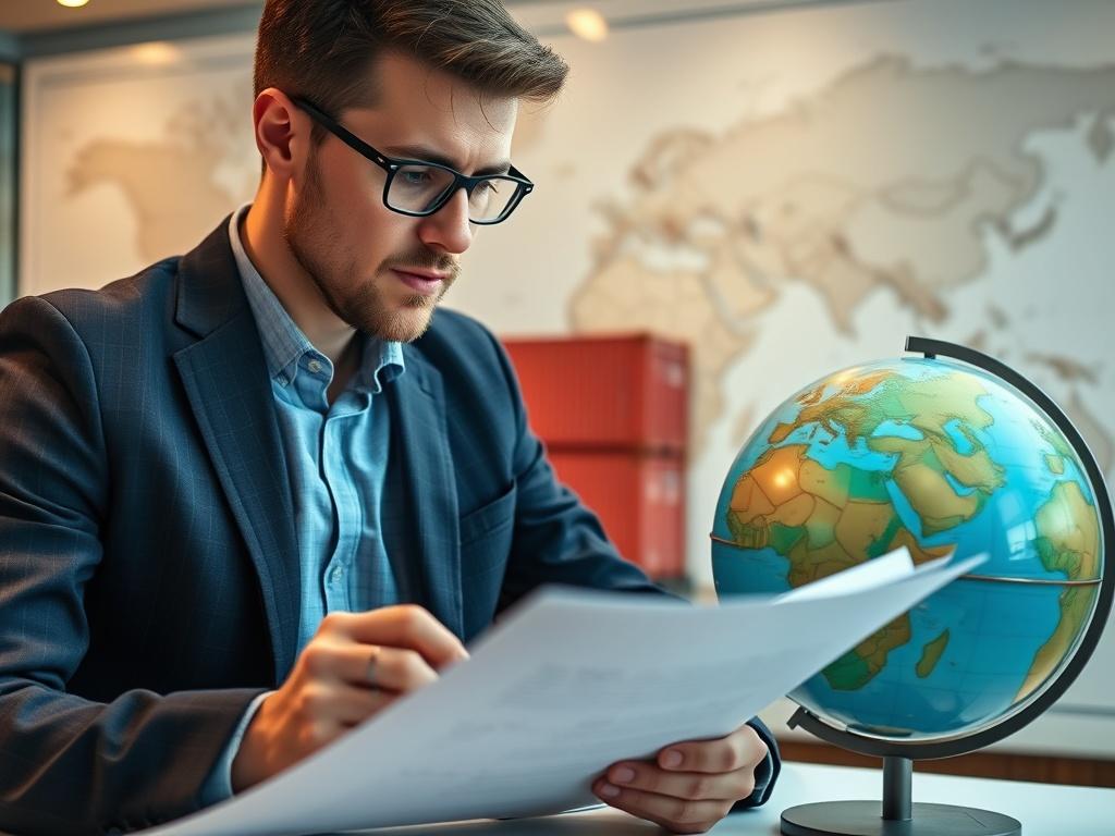 A close-up shot of a logistics professional reviewing shipping documents and a globe in a modern office setting. The background features a world map and shipping containers, symbolizing global trade. The image should be high-resolution, capturing the concentration and professionalism of the individual, suitable for an import/export service.