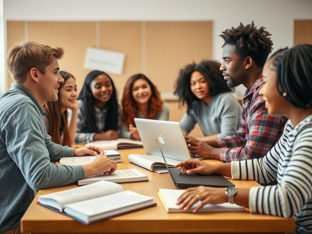 A close-up shot of a diverse group of students engaged in a discussion around a table, with textbooks and laptops in front of them. They are in a well-lit classroom setting, showcasing a collaborative learning environment. The image should be high-resolution, capturing the enthusiasm and diversity of the students, reflecting the spirit of educational empowerment.