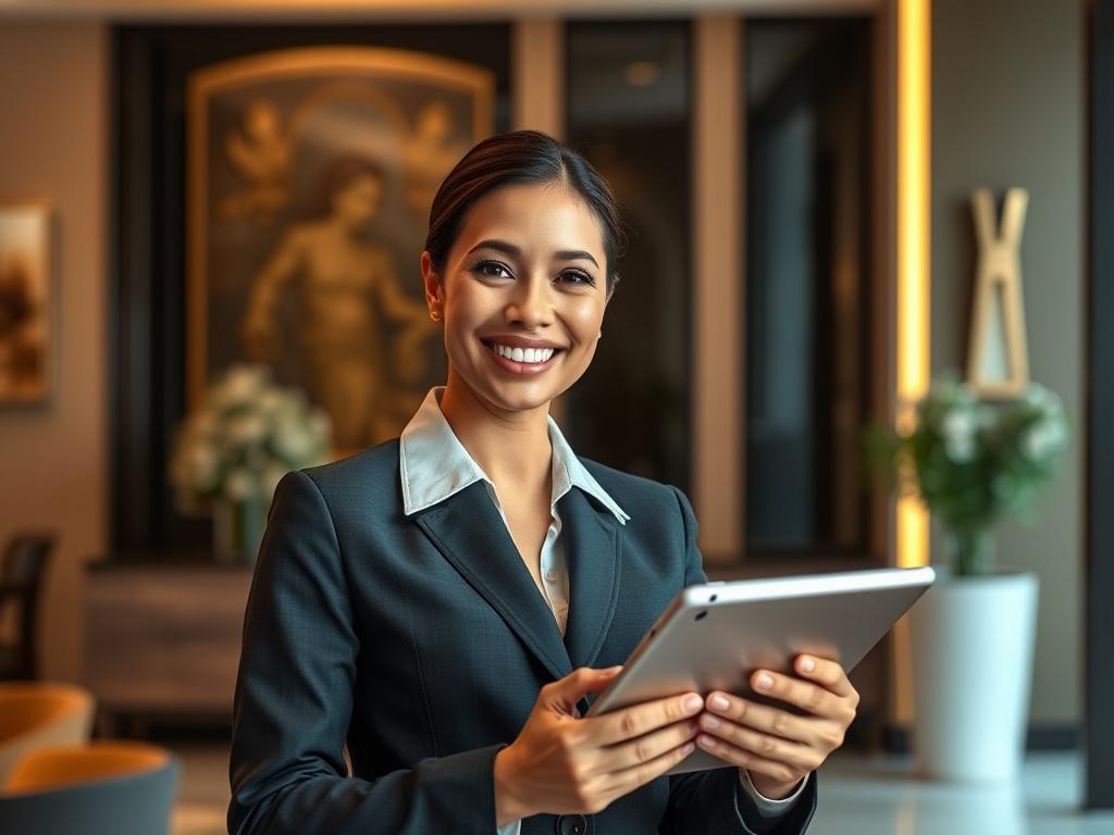 A close-up shot of a professional concierge in a stylish uniform, standing in a modern office environment. The concierge is smiling and holding a tablet, showcasing a high level of service. The background features elegant decor with soft lighting, creating a warm and inviting atmosphere. The image should be rendered in high-resolution with a focus on the concierge's welcoming expression, suitable for a luxury service brand.