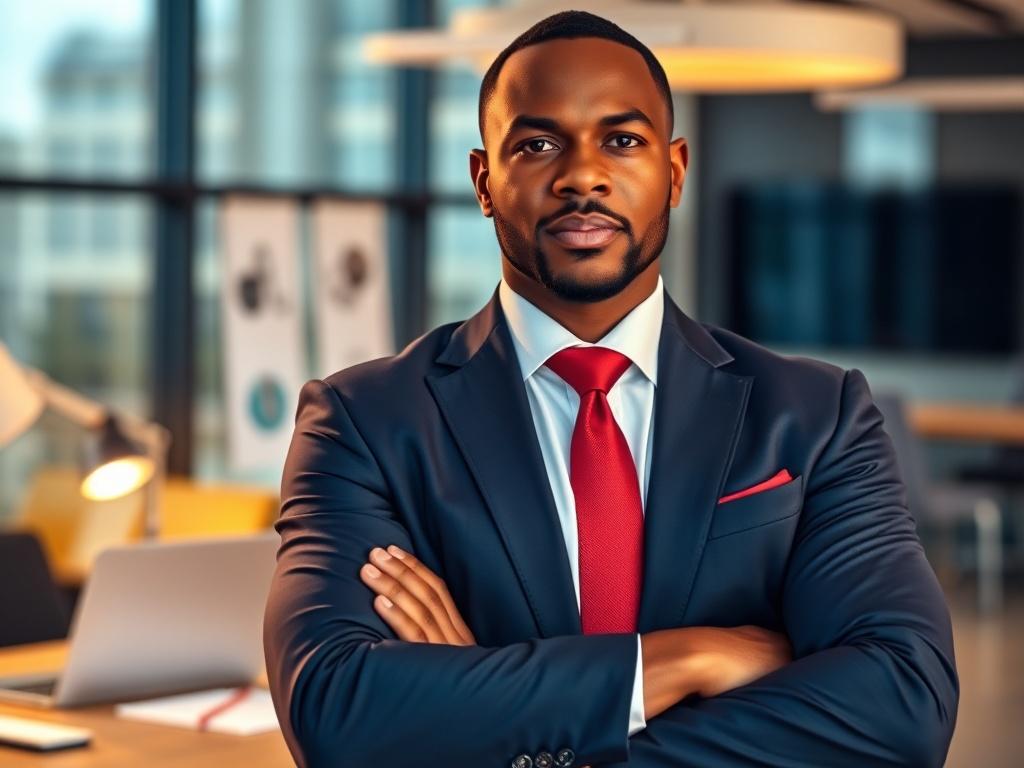 A close-up portrait of an African American business professional, dressed in a sharp suit, standing confidently with arms crossed in a modern office setting. The background features a sleek, contemporary workspace with subtle hints of technology, such as a laptop and financial documents. The lighting is warm and inviting, highlighting the professional's determined expression and showcasing the essence of success in business.