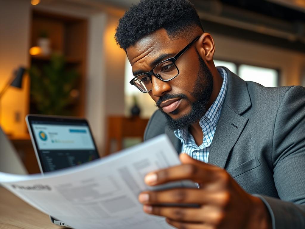 A close-up shot of a confident African American entrepreneur reviewing financial documents, with a laptop displaying a credit report in the background. The setting is a modern office with warm lighting, showcasing a sense of professionalism and determination.