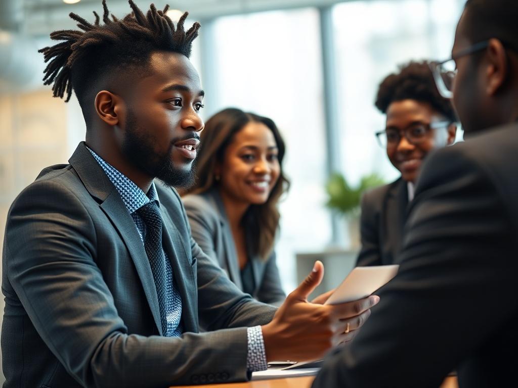 A close-up image of an African American professional in a business meeting, discussing funding options with a lender. The background shows a vibrant office space, emphasizing collaboration and success.
