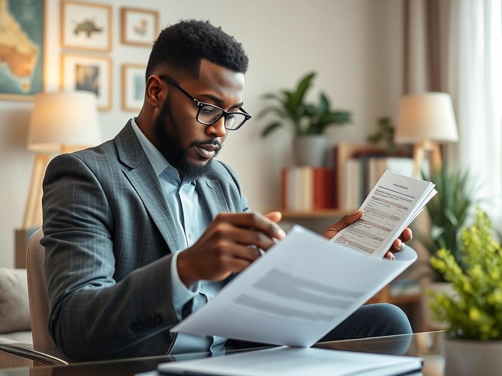 A close-up shot of an African American professional studying financial materials in a cozy home office. The setting highlights dedication to learning and personal growth.