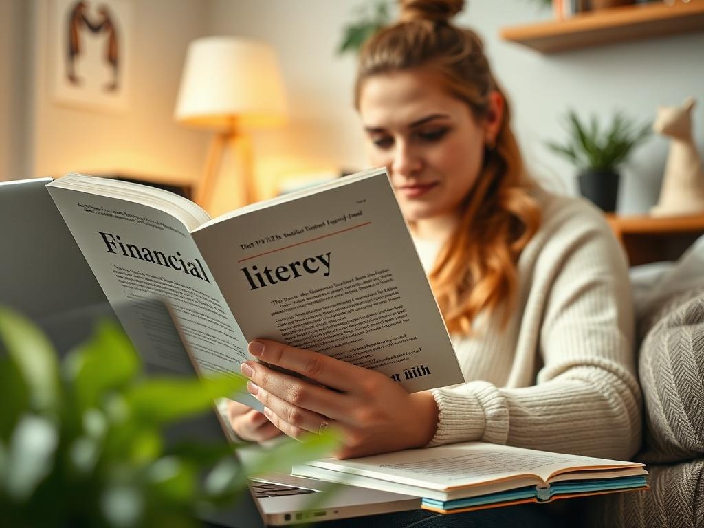 A close up of a person reading a financial literacy