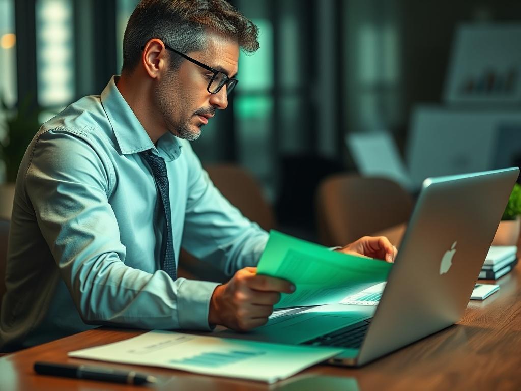A focused shot of a business professional reviewing financial documents